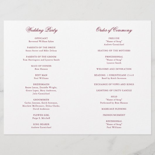 Traditioneel Bourgondisch formeel huwelijksprogram (Achterkant)