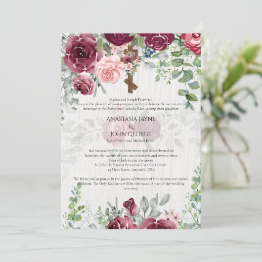 Traditioneel BYZANTijns Bloemenkruis Bruiloft Kaart (Staand voorkant)