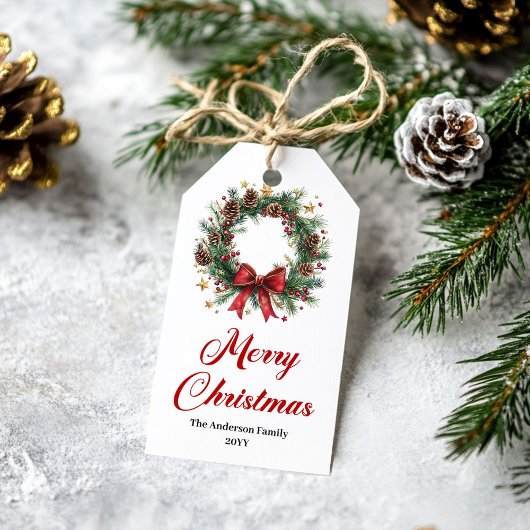 Traditioneel dennenkrans bewerkbare cadeautag cadeaulabel