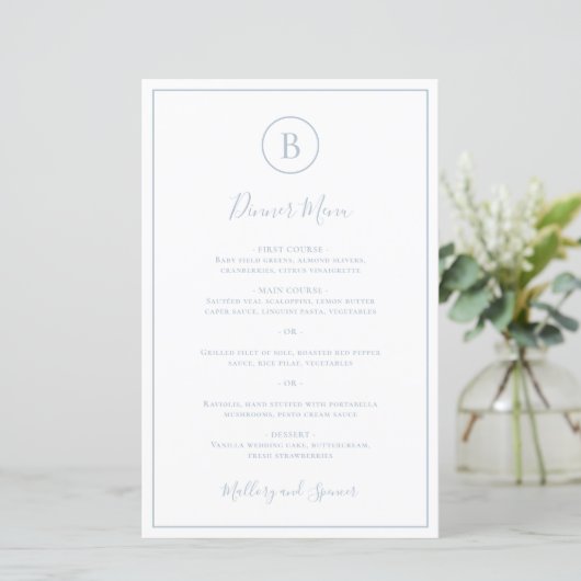 Traditioneel Dusty Blue Elegant Wedding Menu (Staand voorkant)