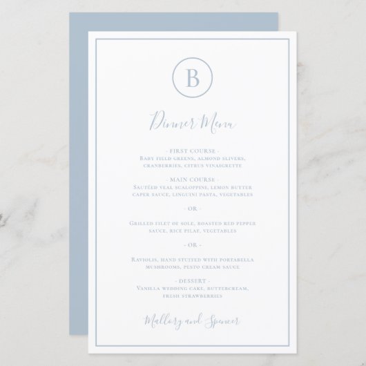 Traditioneel Dusty Blue Elegant Wedding Menu (Voorkant / Achterkant)