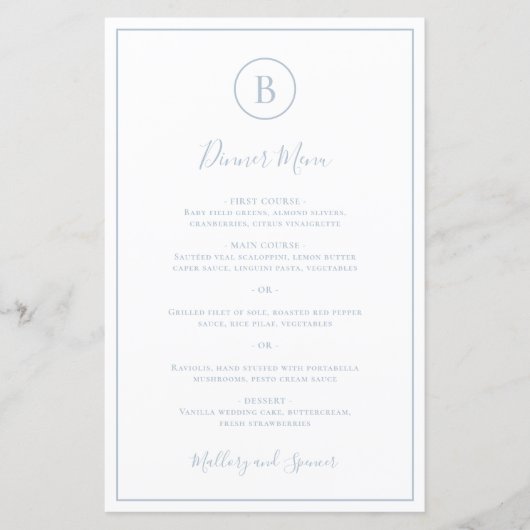 Traditioneel Dusty Blue Elegant Wedding Menu (Voorkant)