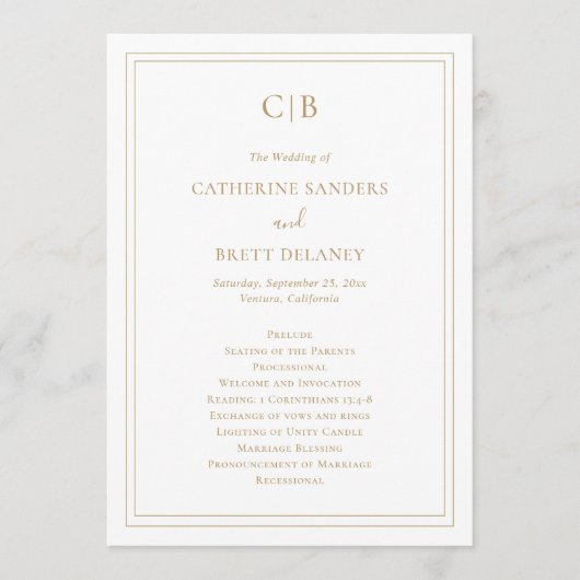 Traditioneel eenvoudig monogram legant Gold Wedden Programmakaart (Voorkant)