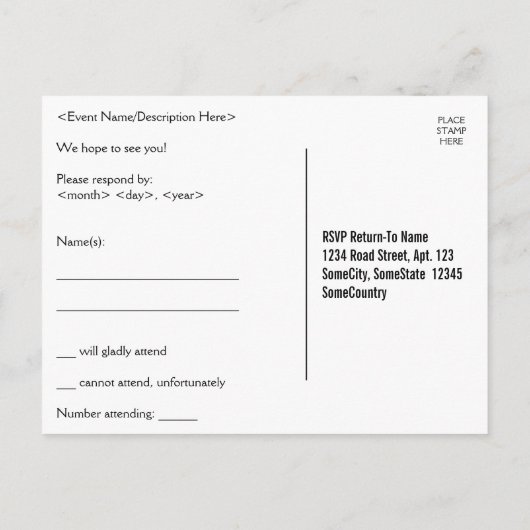 Traditioneel en nostalgisch "r.s.v.p." Briefkaart (Achterkant)