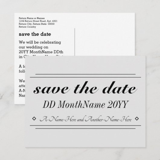 Traditioneel en  "save the date" Briefkaart (Voorkant / Achterkant)