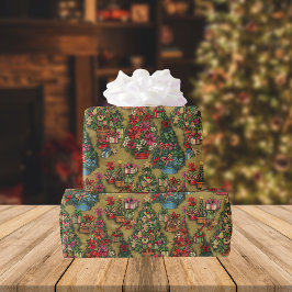 Traditioneel gedecormeerd kerstboompatroon cadeaupapier