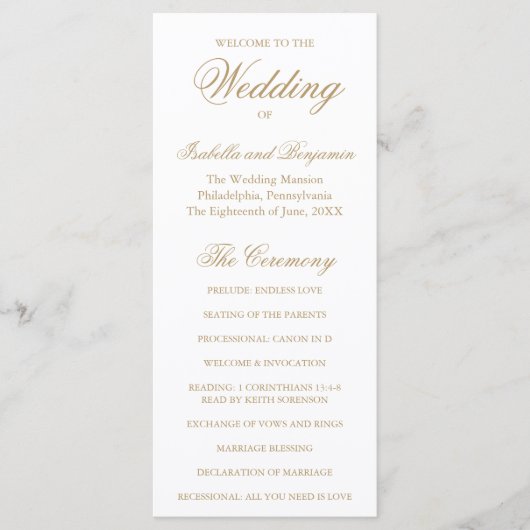 Traditioneel gouden formeel elegant huwelijk programmakaart (Voorkant)