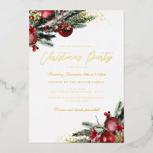 Traditioneel gouden sprankelend gebladerte kerstfe folie uitnodiging (Voorkant)