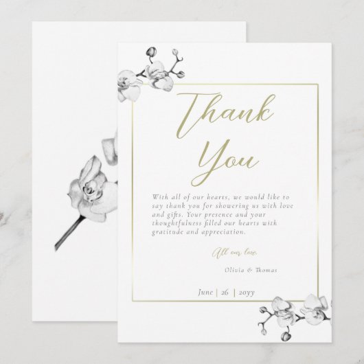 Traditioneel goudkleurig Lijst wit orchidee Vrijge Bedankkaart (Voorkant / Achterkant)