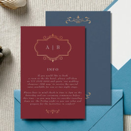 traditioneel goudmonogram van de marine burgundy informatiekaartje