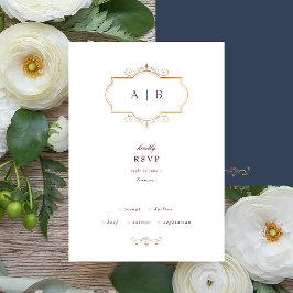 traditioneel goudmonogram van de marine burgundy RSVP kaartje