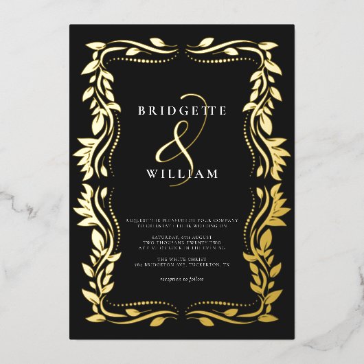 Traditioneel groen Klassiek Zwart & Goud Bruiloft Folie Uitnodiging (Voorkant)