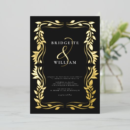 Traditioneel groen Klassiek Zwart & Goud Bruiloft Folie Uitnodiging (Staand Voorkant)