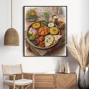 Traditioneel Indisch Thali Feest Kleurrijke Schets Poster