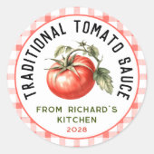Traditioneel inmaken van tomatensaus ronde sticker (Voorkant)