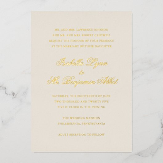 Traditioneel ivoor formele elegante bruiloft folie uitnodiging (Voorkant)