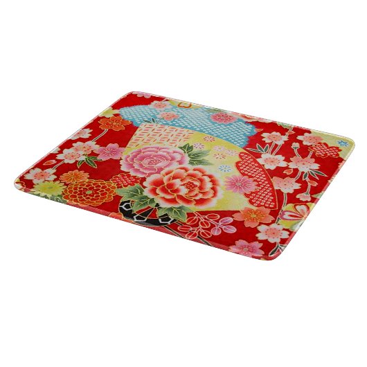 Traditioneel Japans Bloemrood Geel Glas Snijplank (Hoek)