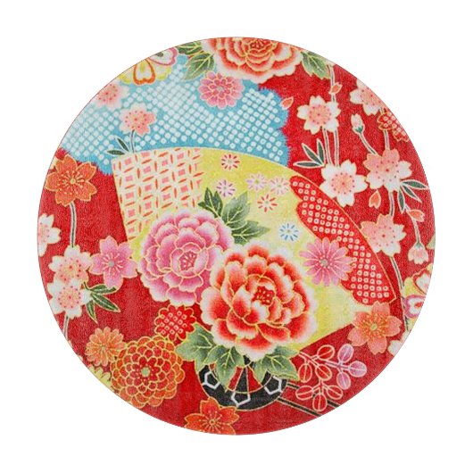 Traditioneel Japans Bloemrood Geel Glas Snijplank (Voorkant)