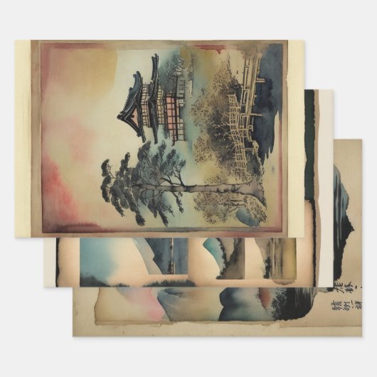 Traditioneel Japans landschap Verf ephemera nr. 7 Inpakpapier Vel (Set)