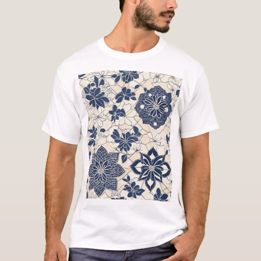 Traditioneel Japans patroonontwerp stofprint T-shirt (Voorkant)