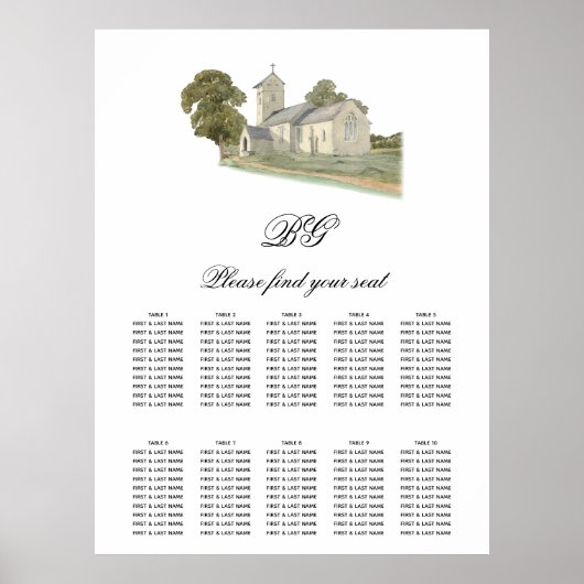 Traditioneel Kerk Monogram Trouwzaalstoelen Chart Poster (Voorkant)