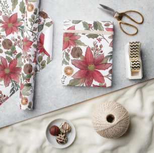 Traditioneel Kerst Poinsettia Botanisch Patroon Cadeaupapier