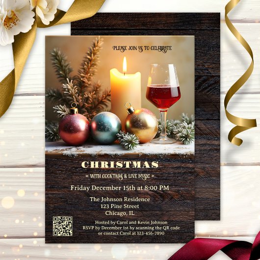 Traditioneel kerstdiner met wijn en kaars kaart