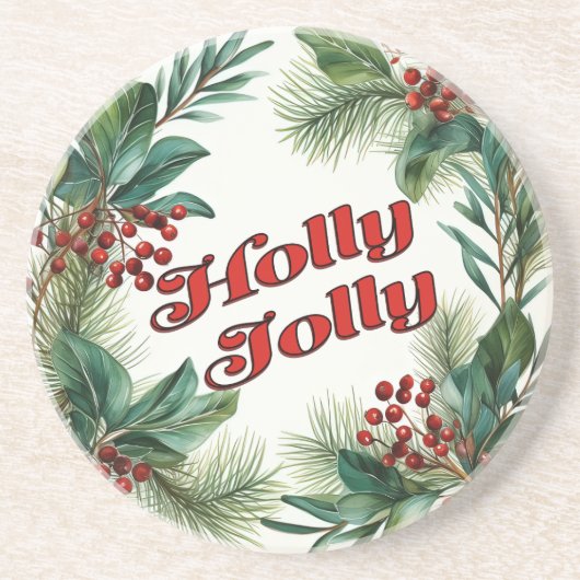Traditioneel Kerstmis "Holly Jolly" Script Zandsteen Onderzetter (Voorkant)
