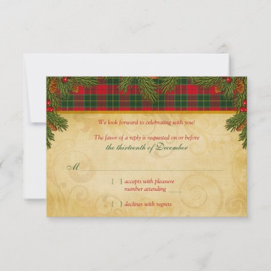 Traditioneel Kerstmis Tartan Schotse Plaid Trouw R RSVP Kaartje (Voorkant)
