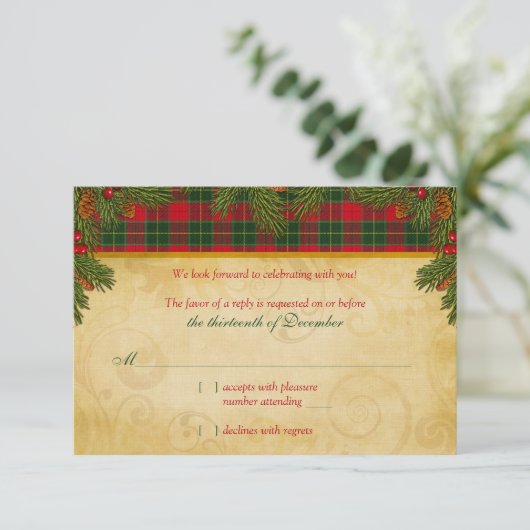 Traditioneel Kerstmis Tartan Schotse Plaid Trouw R RSVP Kaartje (Staand voorkant)