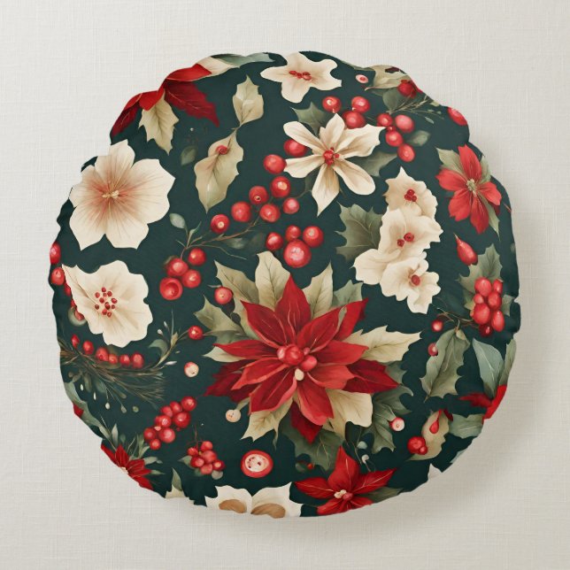 Traditioneel kerstpatroon met bloemen rond kussen (Voorkant)