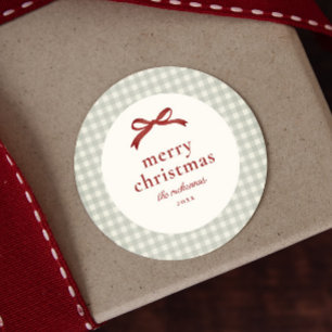Traditioneel kerstrode strik geruite cadeaukaart ronde sticker
