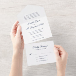 Traditioneel marineblauw formeel elegant huwelijk all in one uitnodiging