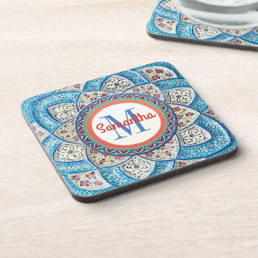 Traditioneel Marokkaans turquoise blauw monogram Bier Onderzetter (Linkerzijde)