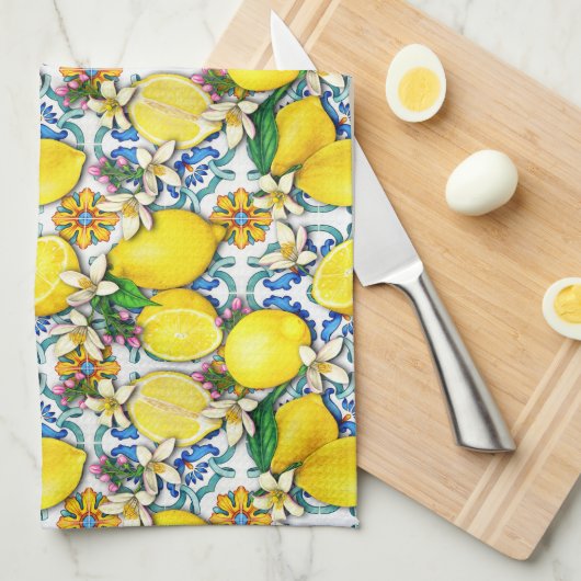 Traditioneel mediterraan patroon met leemons theedoek (Quarter Fold)