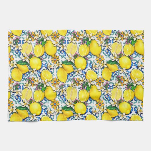 Traditioneel mediterraan patroon met leemons theedoek (Horizontaal)