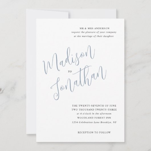 Traditioneel Modern Script Stoffig Blauw Bruiloft Kaart (Voorkant)