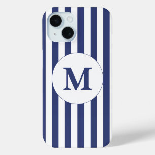 Traditioneel monogram donkerblauw en witte strepen iPhone 15 case