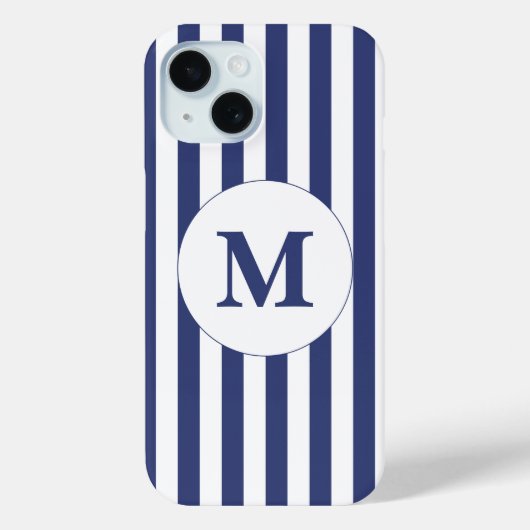 Traditioneel monogram donkerblauw en witte strepen Case-Mate iPhone case (Achterkant)