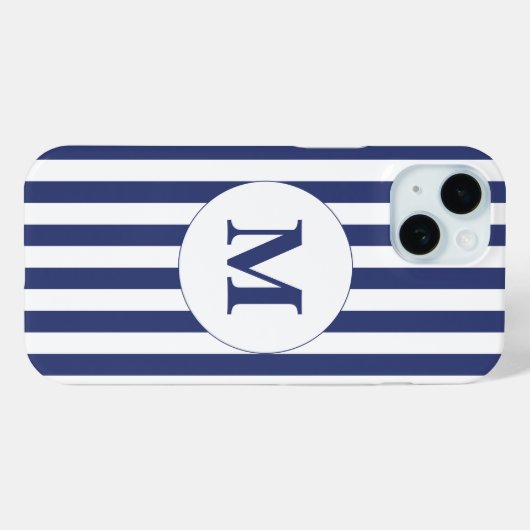 Traditioneel monogram donkerblauw en witte strepen Case-Mate iPhone case (Achterkant (horizontaal))
