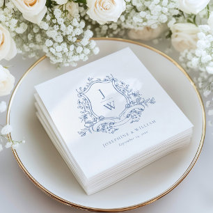 Traditioneel Monogram Wapen Blauw Elegant Huwelijk Servet