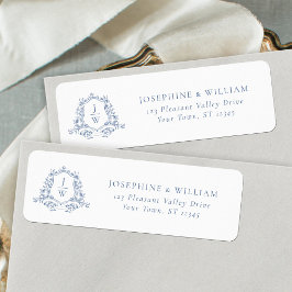 Traditioneel Monogram Wapen Blauw Trouwadres Etiket
