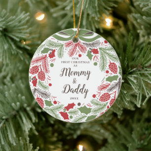 Traditioneel onze eerste kerst als mama en papa keramisch ornament
