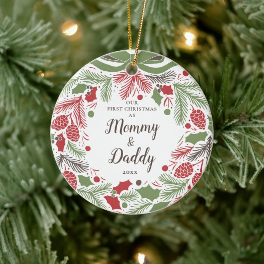 Traditioneel onze eerste kerst als mama en papa keramisch ornament (Boom)