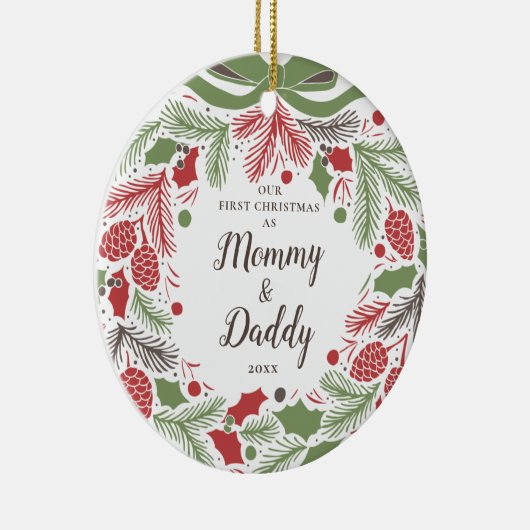 Traditioneel onze eerste kerst als mama en papa keramisch ornament (Rechts)