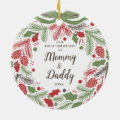 Traditioneel onze eerste kerst als mama en papa keramisch ornament (Achterkant)
