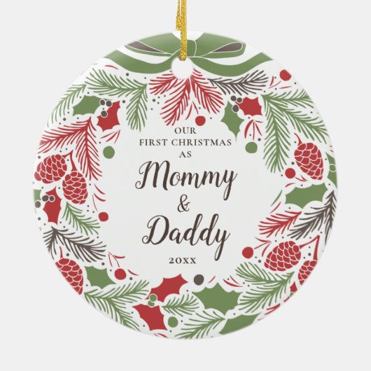 Traditioneel onze eerste kerst als mama en papa keramisch ornament (Achterkant)