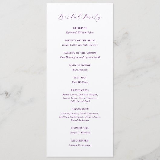 Traditioneel Paars Elegant Huwelijk Programmakaart (Achterkant)