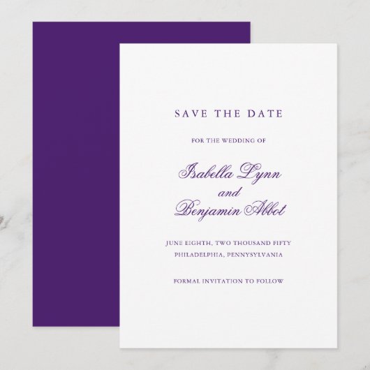 Traditioneel Paars Formeel Elegant Huwelijk Save The Date (Voorkant / Achterkant)