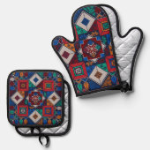 Traditioneel Palestina Borduurwerk tatreez kleurri Ovenwant & Pannenlap Set (Voorkant / Achterkant)